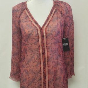 Lucky Brand Red Sheer Y Neck Blouse XSmall